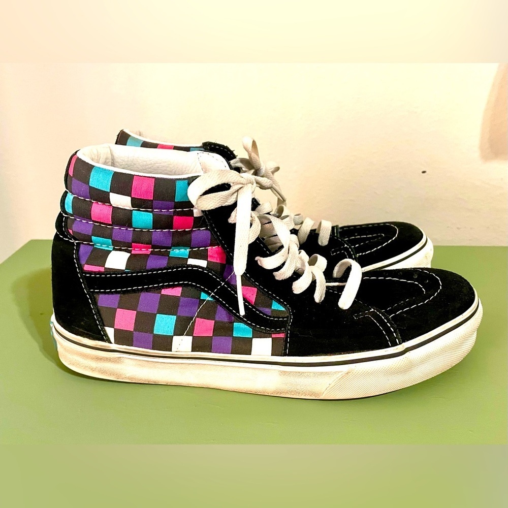 VANS Sk8 Hi Skate Shoes Checkerboard Black‎ Suede Sneakers M 9/W 10.5